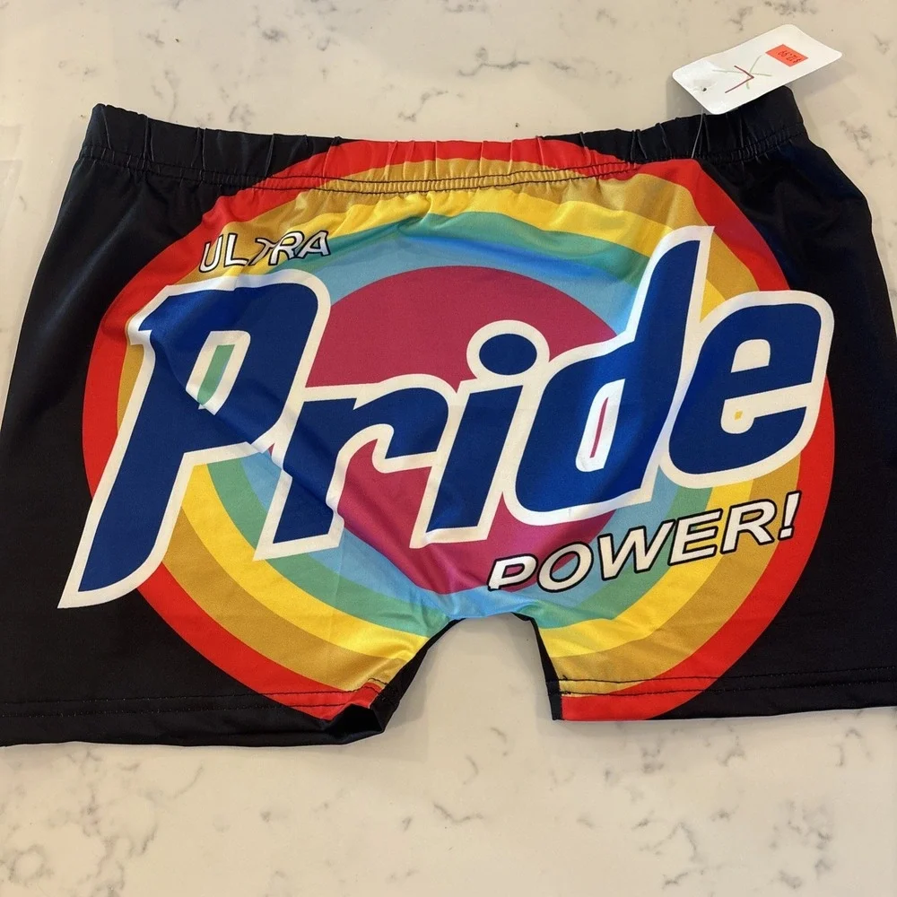 Pride LGBTQ Boxer Briefs Booty Shorts Men SZ LG Black Rainbow Back Pride Power